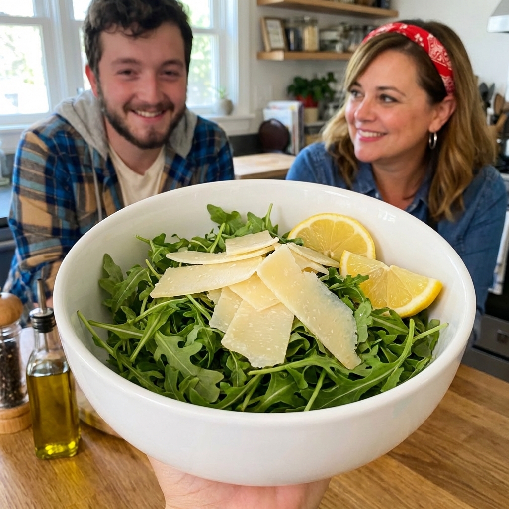 A simple arugula salad in a white bowl with shaved parmesan and lemon wedges