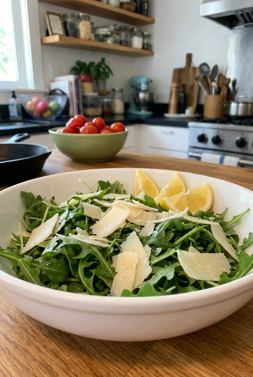 A simple arugula salad in a white bowl with shaved Parmesan and lemon wedges