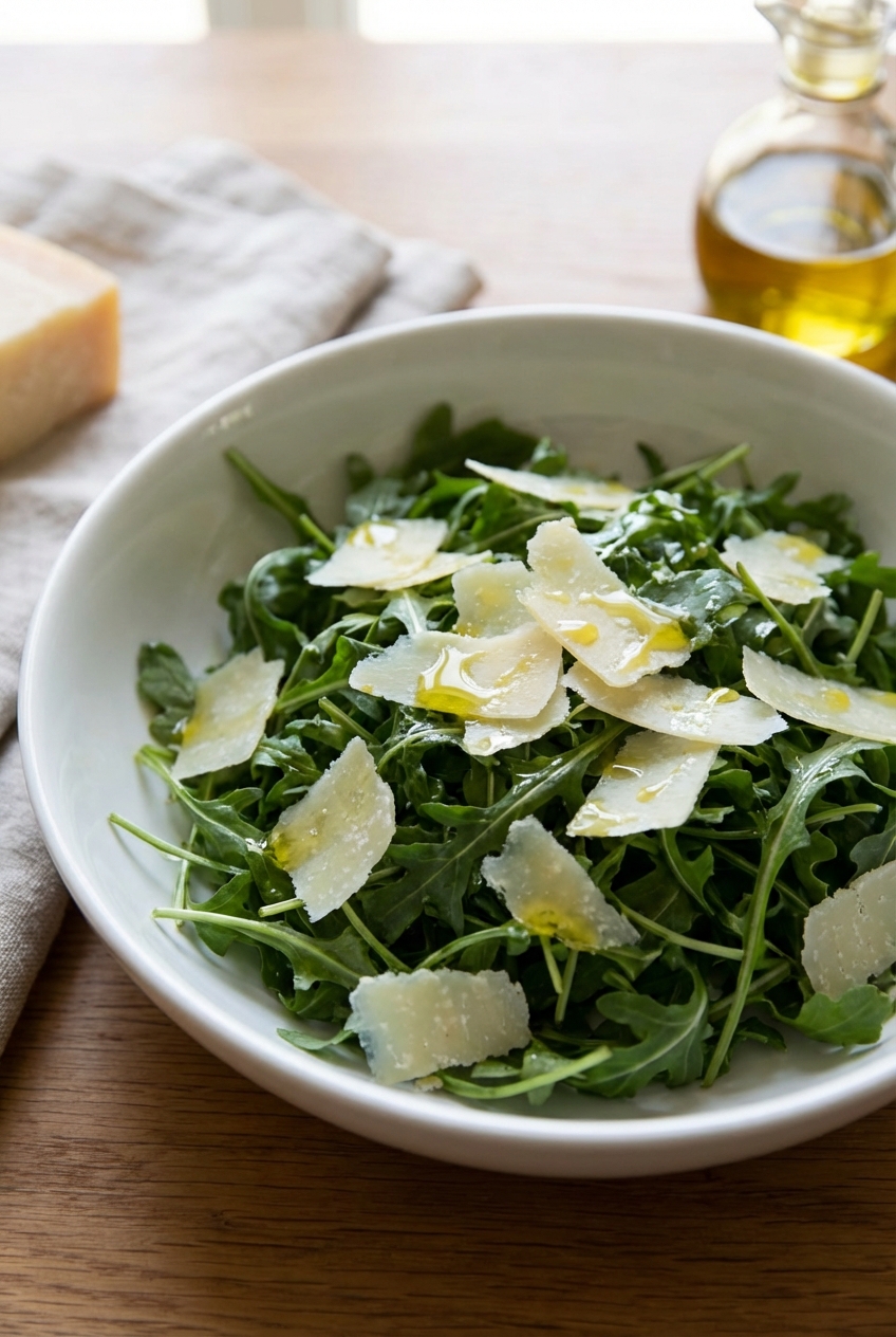 A simple arugula salad in a white bowl with shaved Parmesan and olive oil