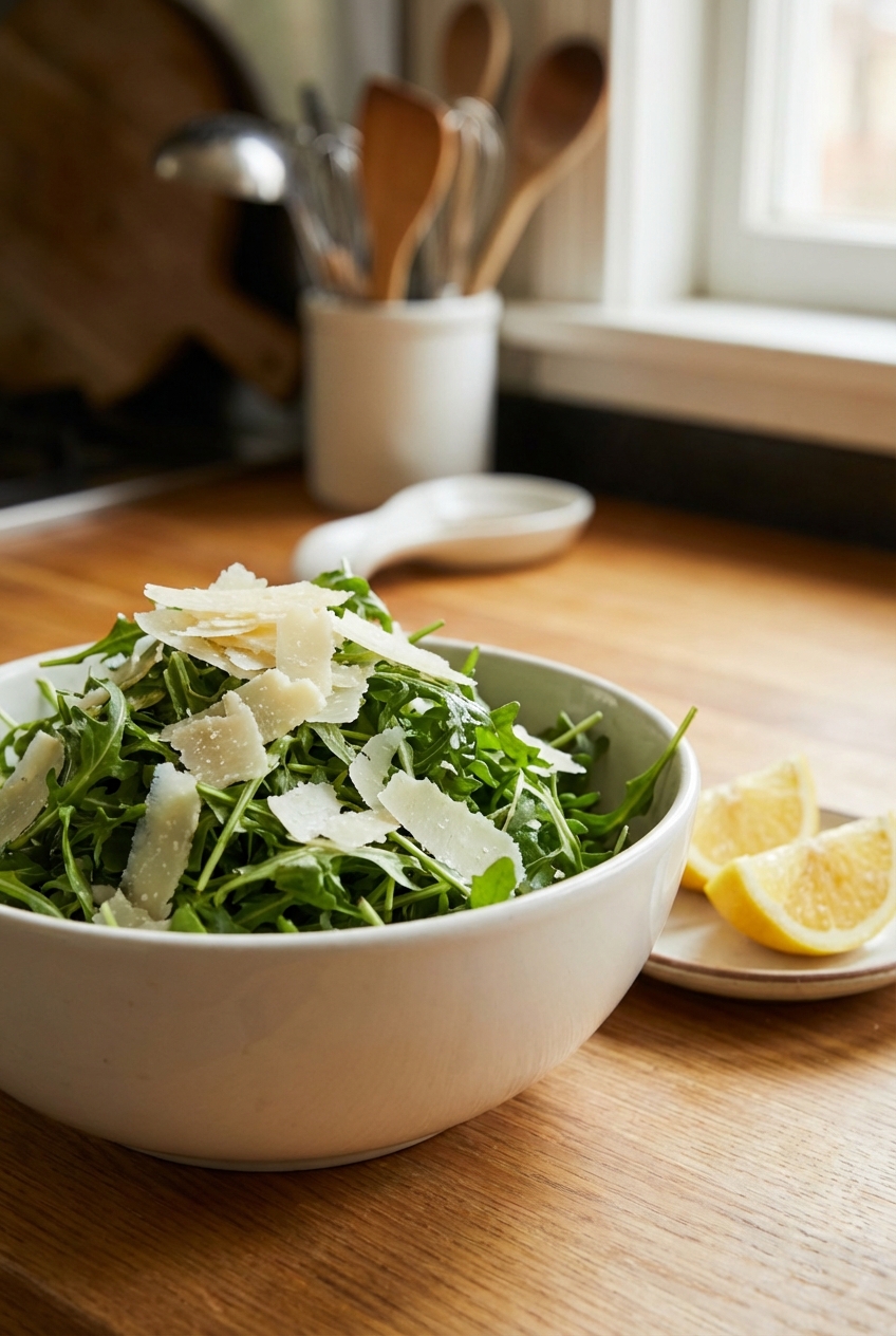 A simple arugula salad in a white bowl with shaved parmesan and lemon wedges nearby