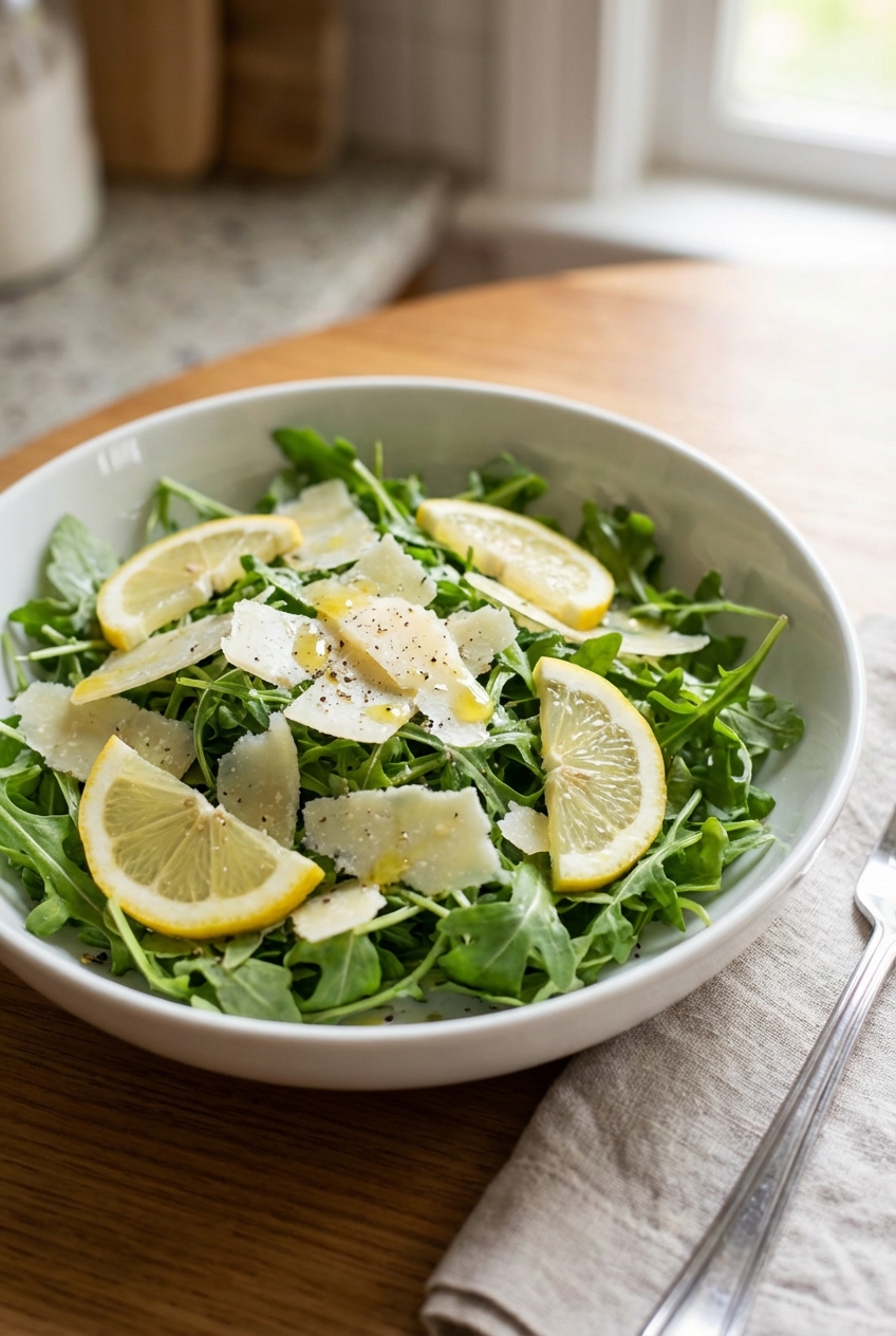 A simple arugula salad in a white bowl with shaved parmesan and lemon