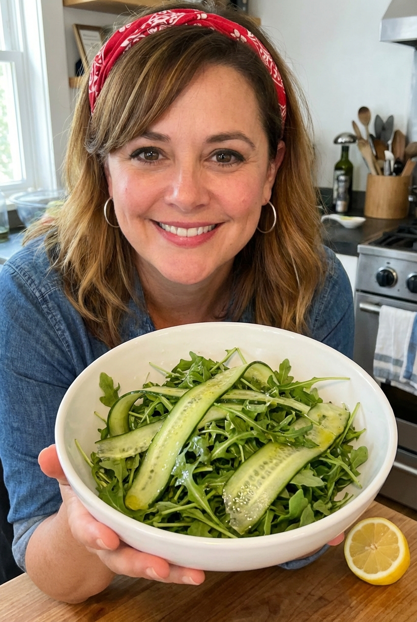 A simple arugula salad with cucumber ribbons and lemon dressing in a white bowl
