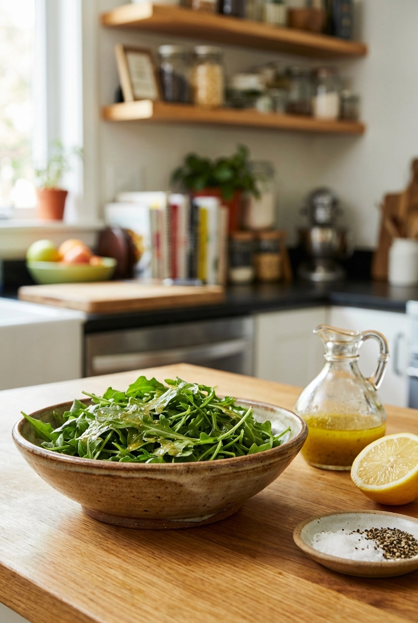 A simple arugula salad with lemon vinaigrette in a ceramic bowl on a kitchen counter