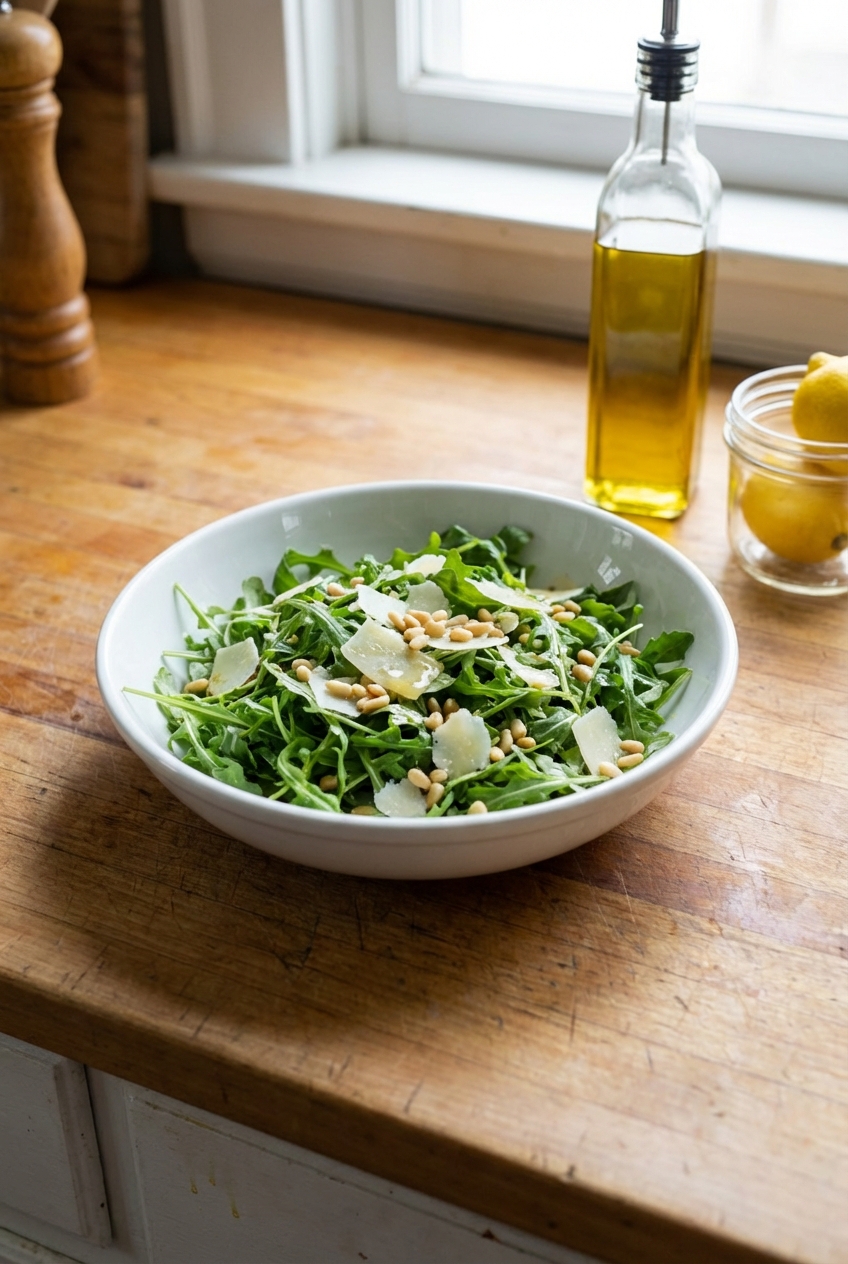 A simple arugula salad with lemon vinaigrette in a white bowl on a kitchen counter