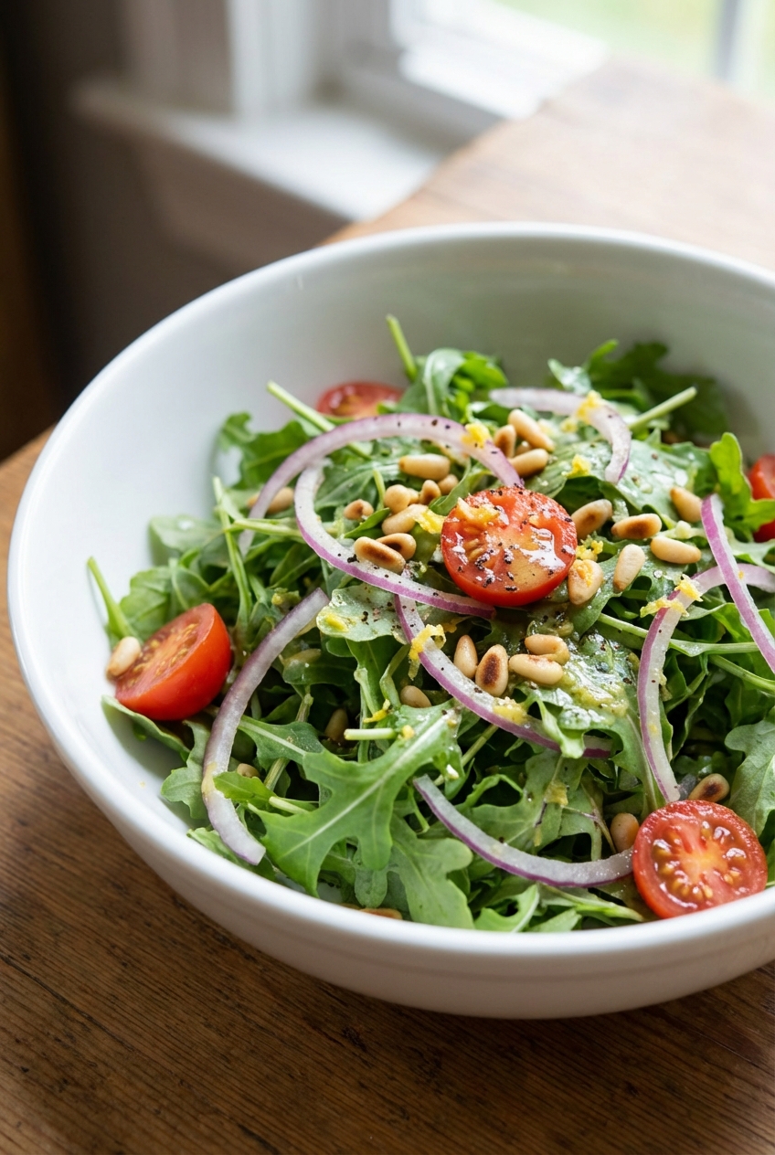 A simple arugula salad with lemon vinaigrette in a white bowl