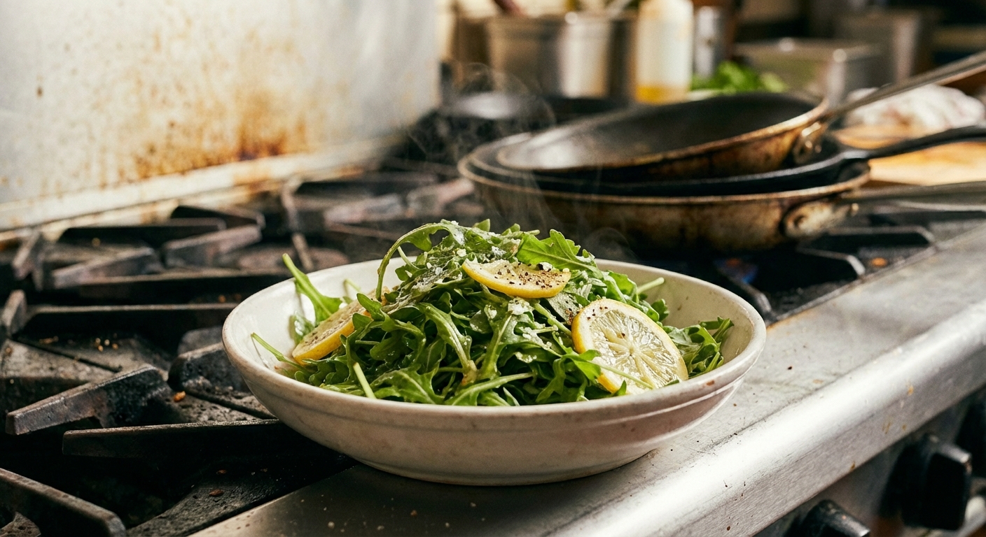 A simple arugula salad with lemon vinaigrette in a white bowl