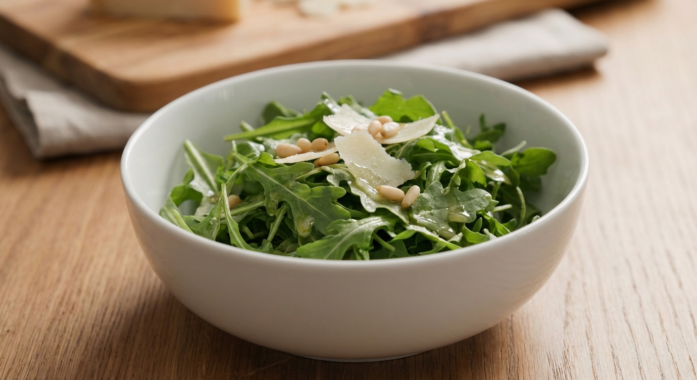 A simple arugula salad with lemon vinaigrette in a white bowl