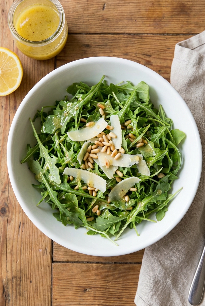 A simple arugula salad with lemon vinaigrette in a white bowl