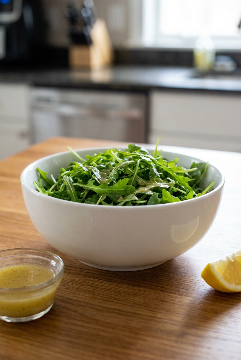 A simple arugula salad with lemon vinaigrette in a white bowl