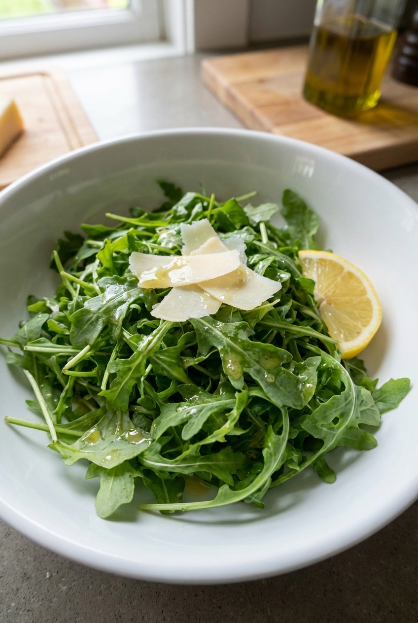 A simple arugula salad with lemon vinaigrette in a white bowl