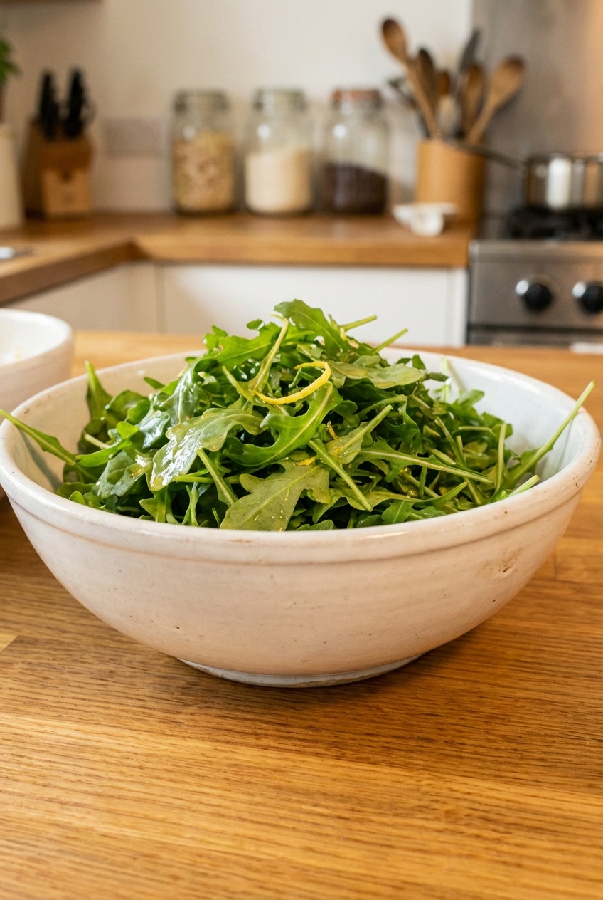 A simple arugula salad with lemon vinaigrette in a white bowl
