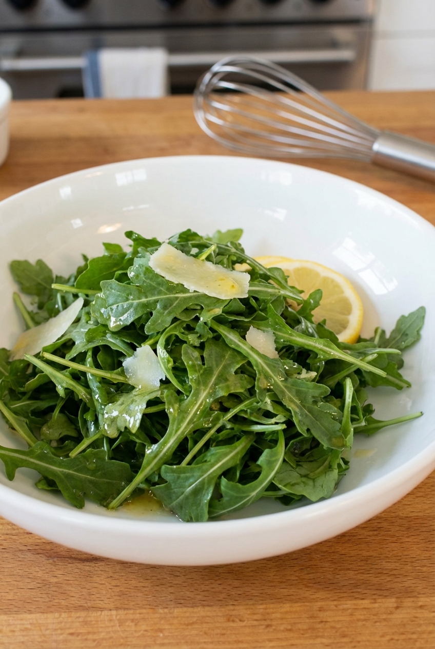 A simple arugula salad with lemon vinaigrette in a white bowl