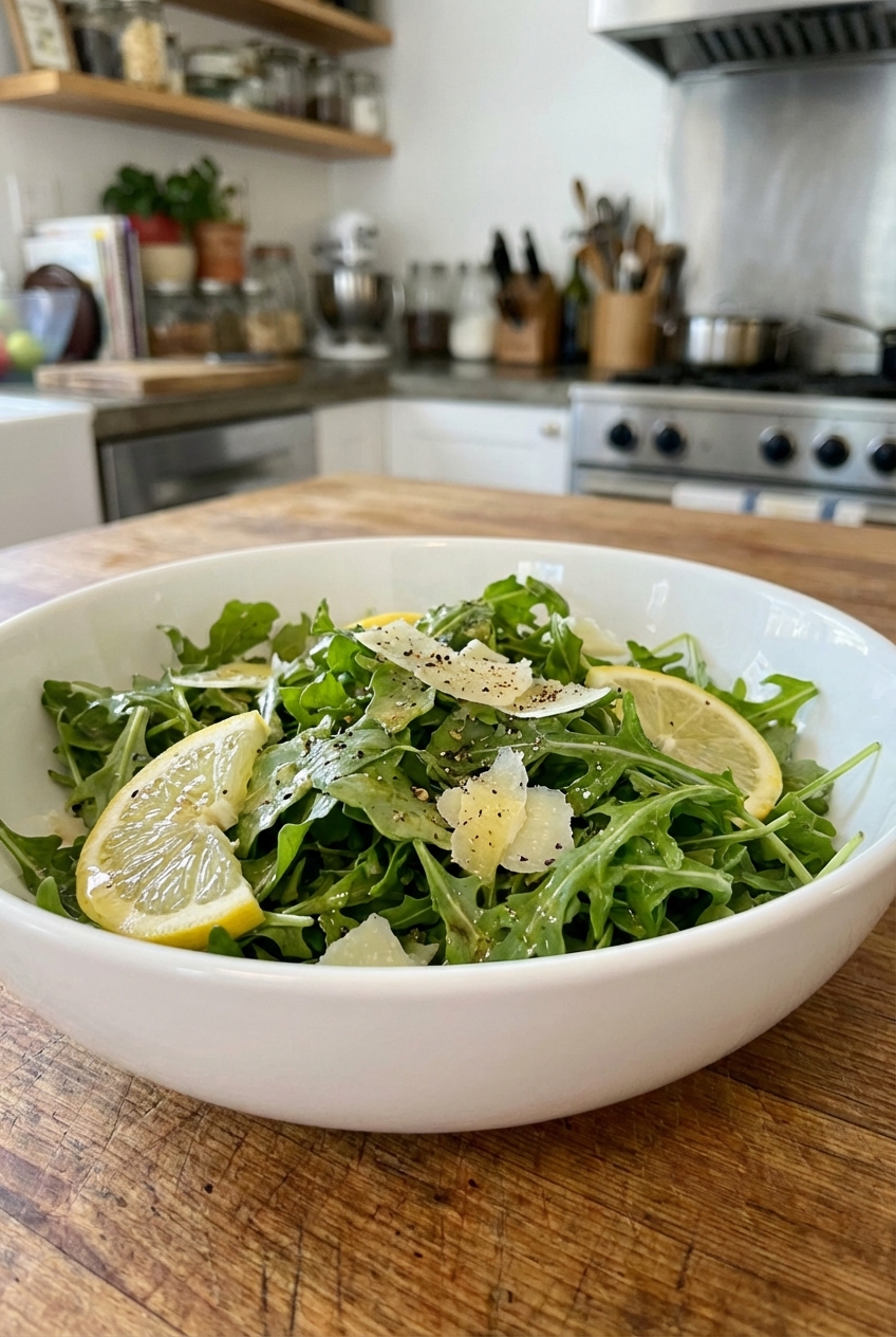 A simple arugula salad with lemon vinaigrette in a white bowl