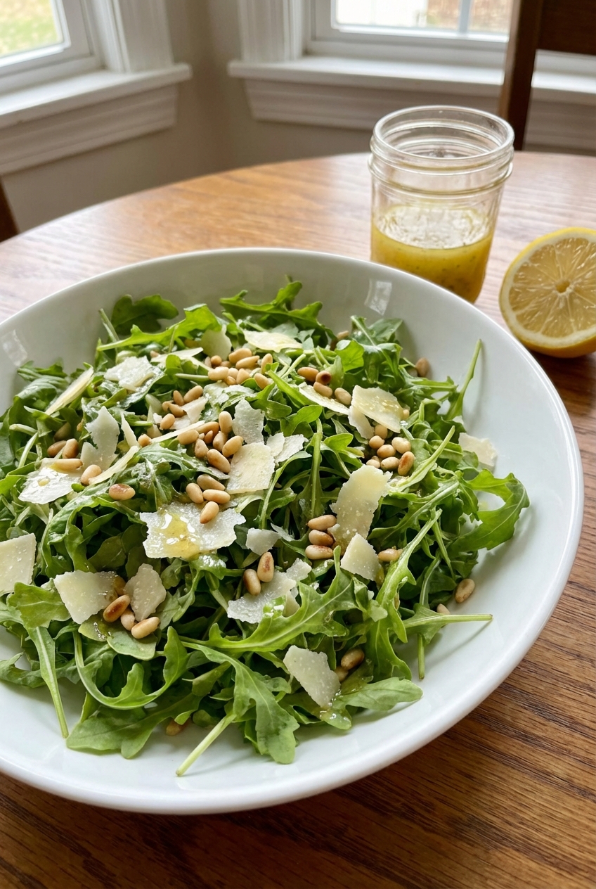 A simple arugula salad with lemon vinaigrette in a white bowl
