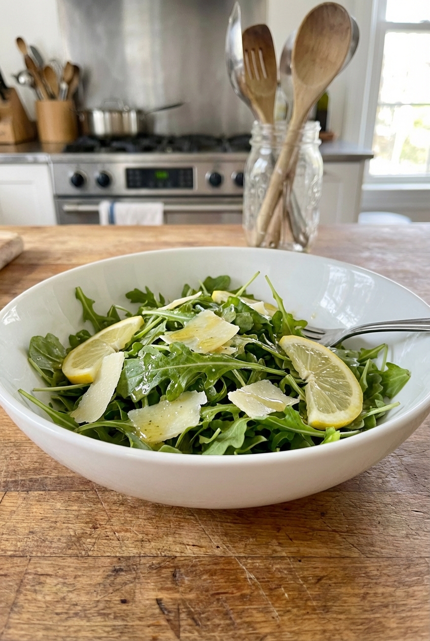 A simple arugula salad with lemon vinaigrette in a white bowl
