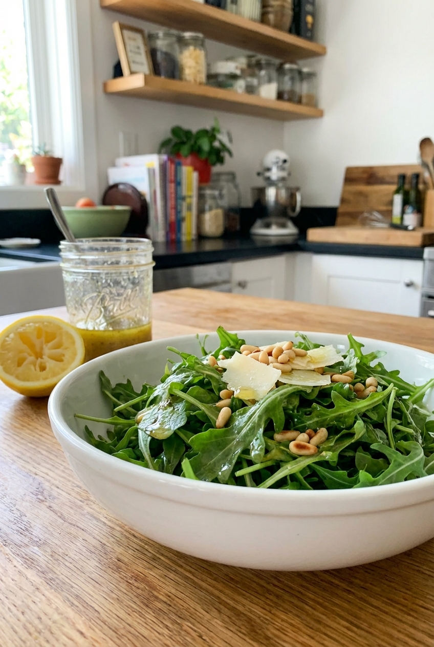 A simple arugula salad with lemon vinaigrette in a white bowl on a kitchen counter