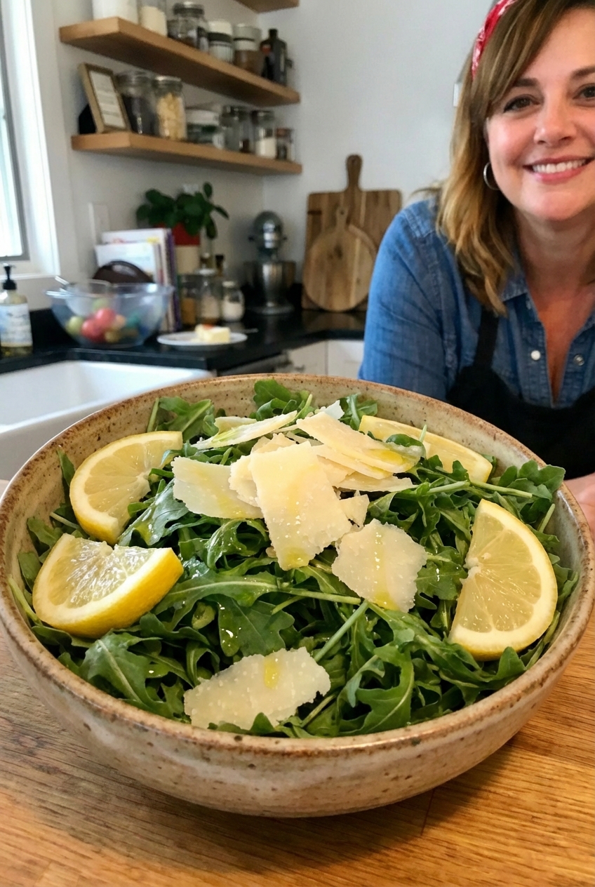 A simple arugula salad with lemon wedges and shaved parmesan