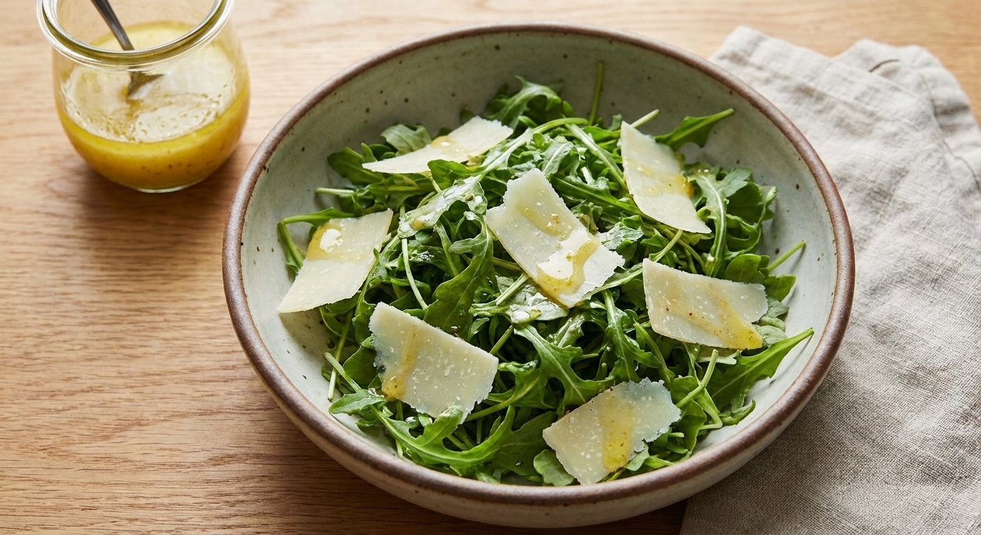 A simple arugula salad with shaved Parmesan and a lemon vinaigrette