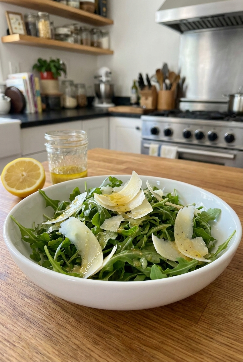A simple arugula salad with shaved Parmesan and lemon vinaigrette in a white bowl