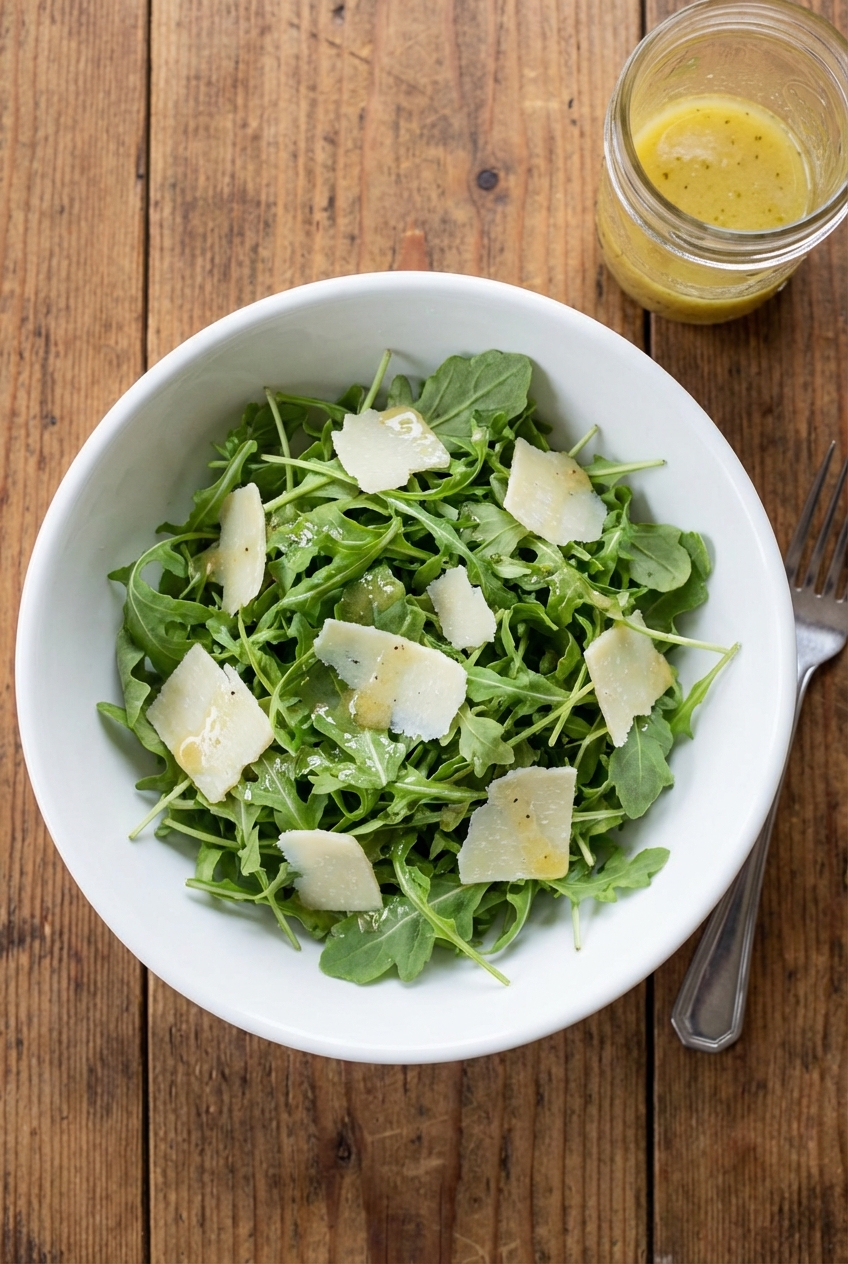A simple arugula salad with shaved Parmesan and lemon vinaigrette in a white bowl