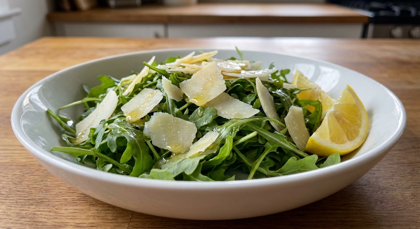 A simple arugula salad with shaved Parmesan and lemon vinaigrette in a white bowl