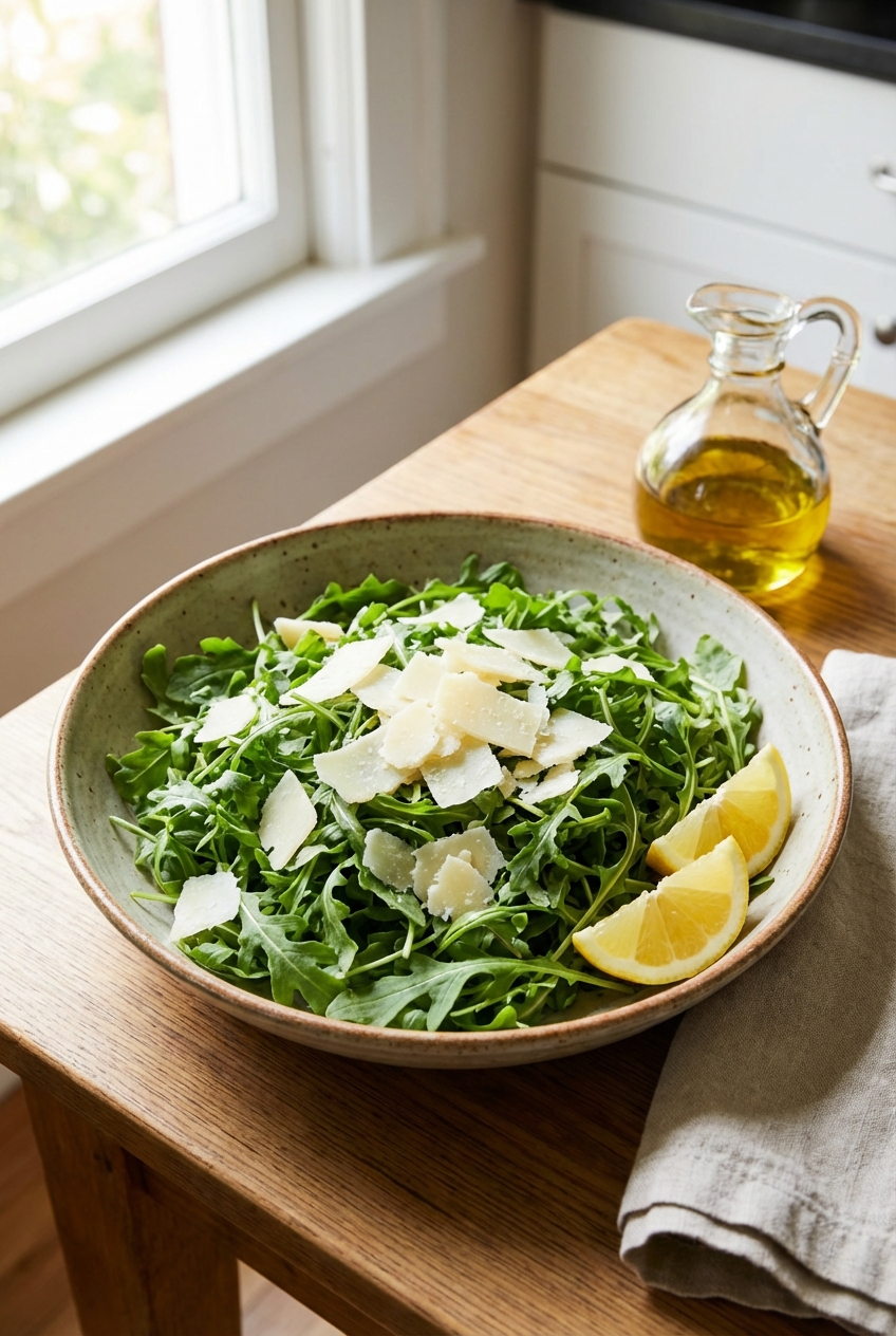 A simple arugula salad with shaved Parmesan and lemon wedges
