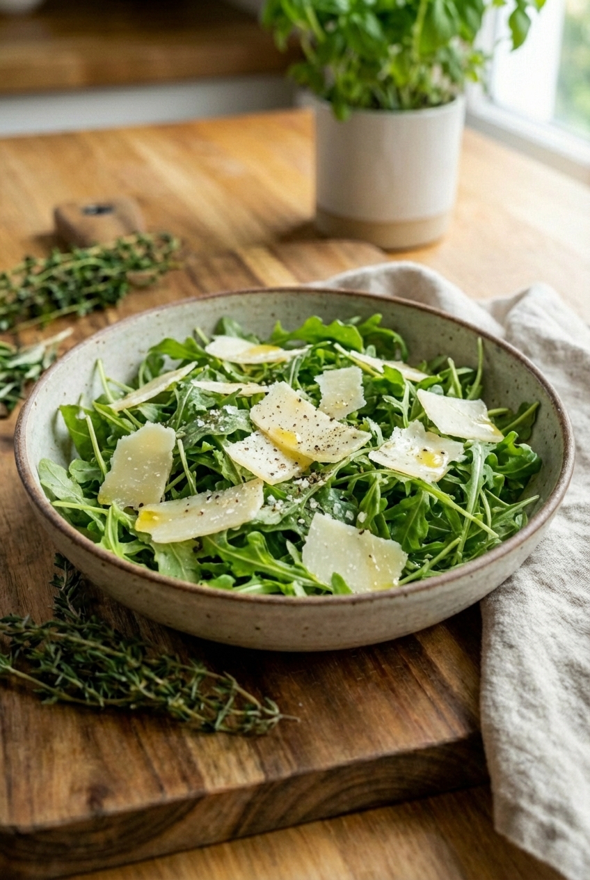 A simple arugula salad with shaved Parmesan in a large bowl