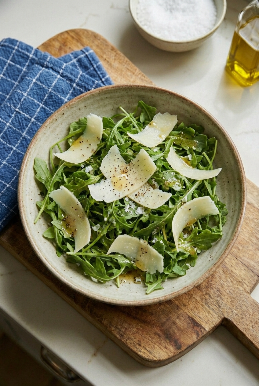 A simple arugula salad with shaved parmesan and a light vinaigrette