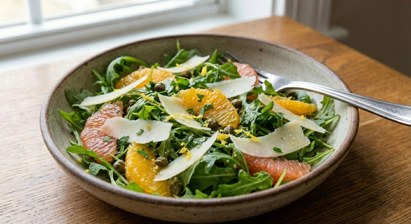 A simple arugula salad with shaved parmesan and citrus segments