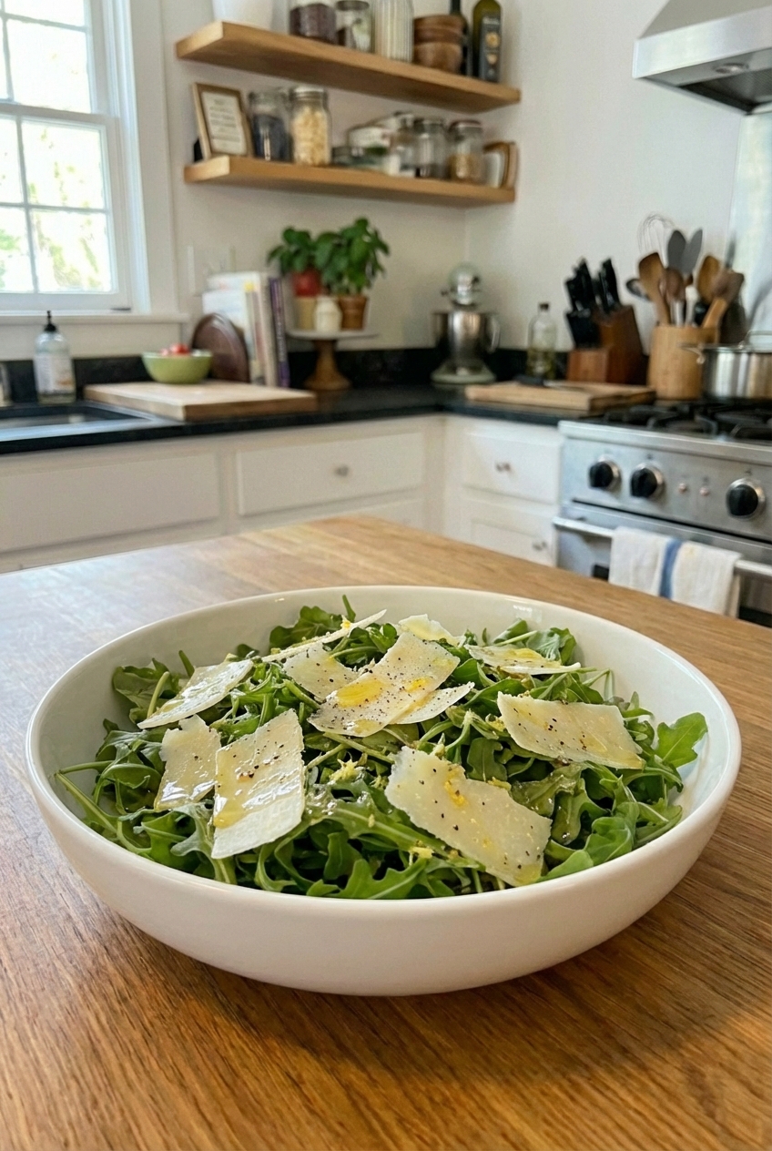 A simple arugula salad with shaved parmesan and lemon vinaigrette in a white bowl