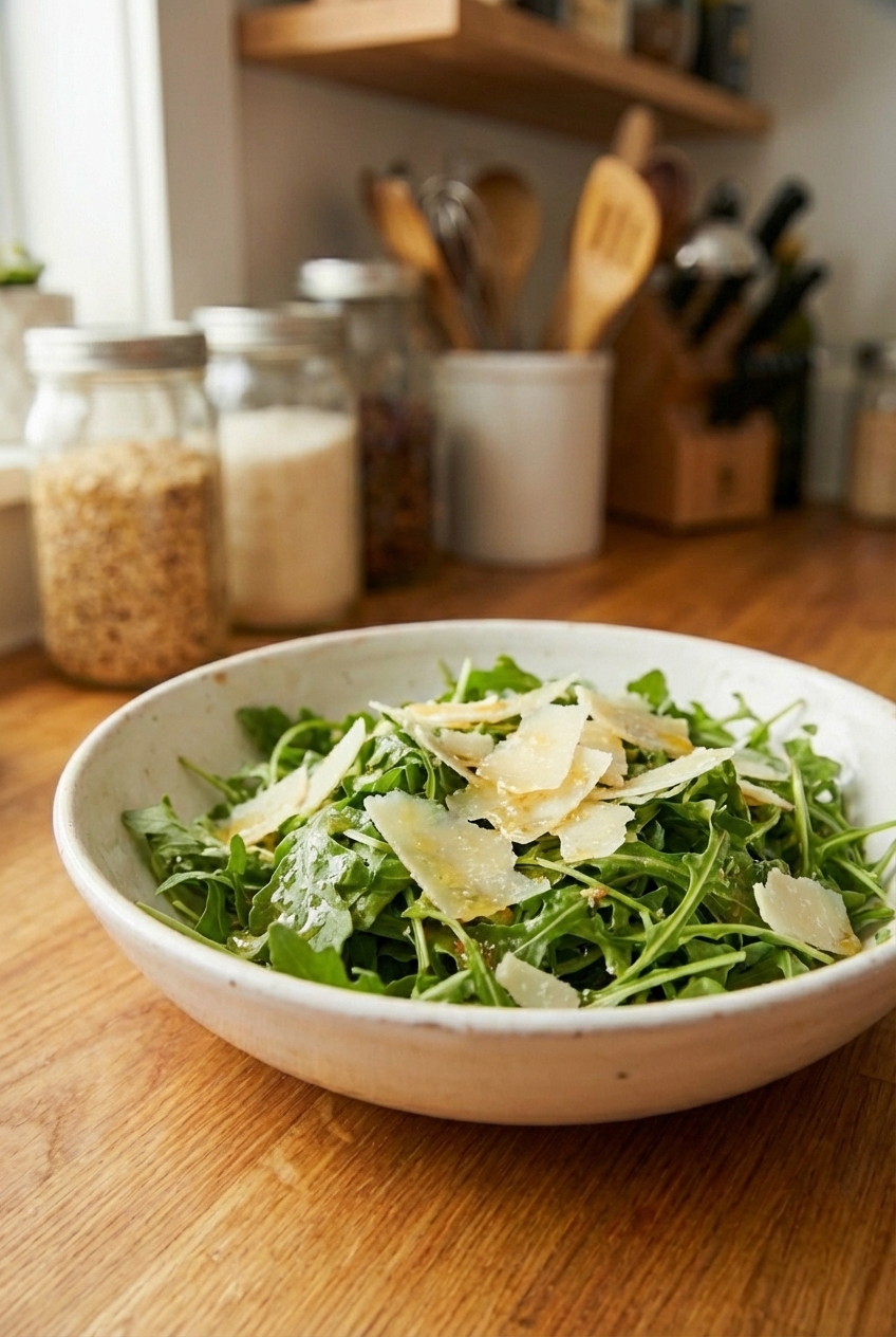 A simple arugula salad with shaved parmesan and lemon vinaigrette in a white bowl