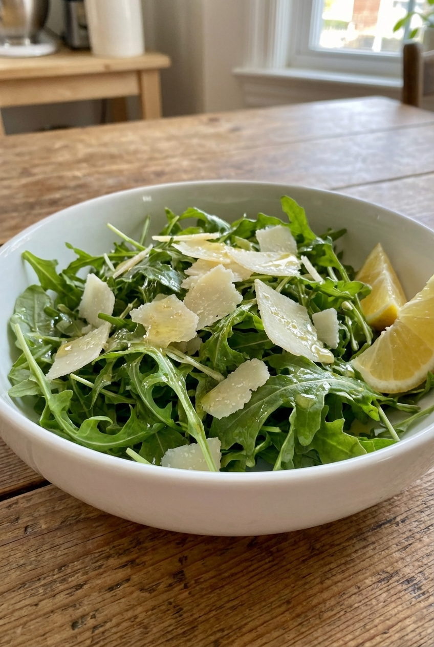 A simple arugula salad with shaved parmesan and lemon vinaigrette in a white bowl
