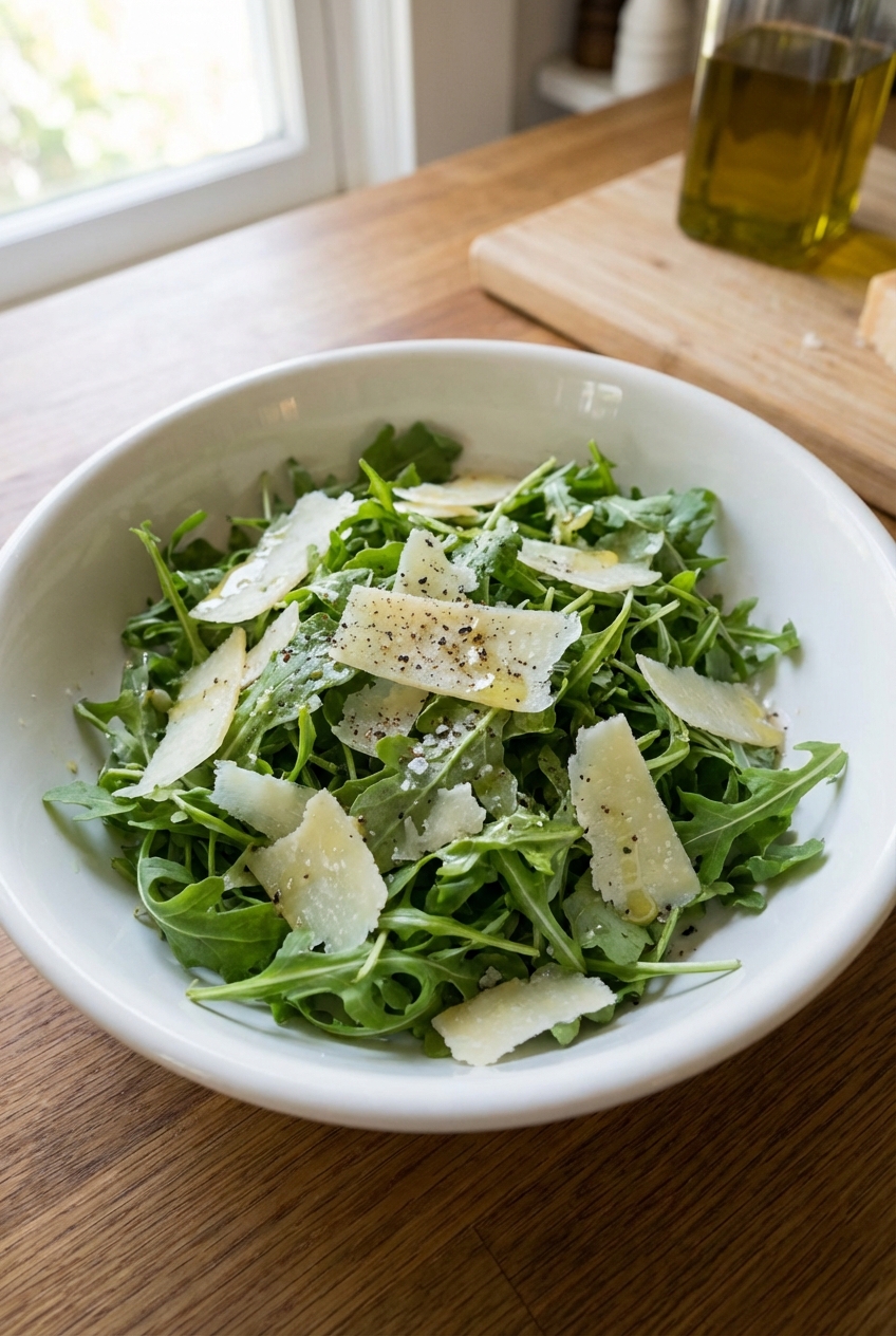A simple arugula salad with shaved parmesan and lemon vinaigrette in a white bowl