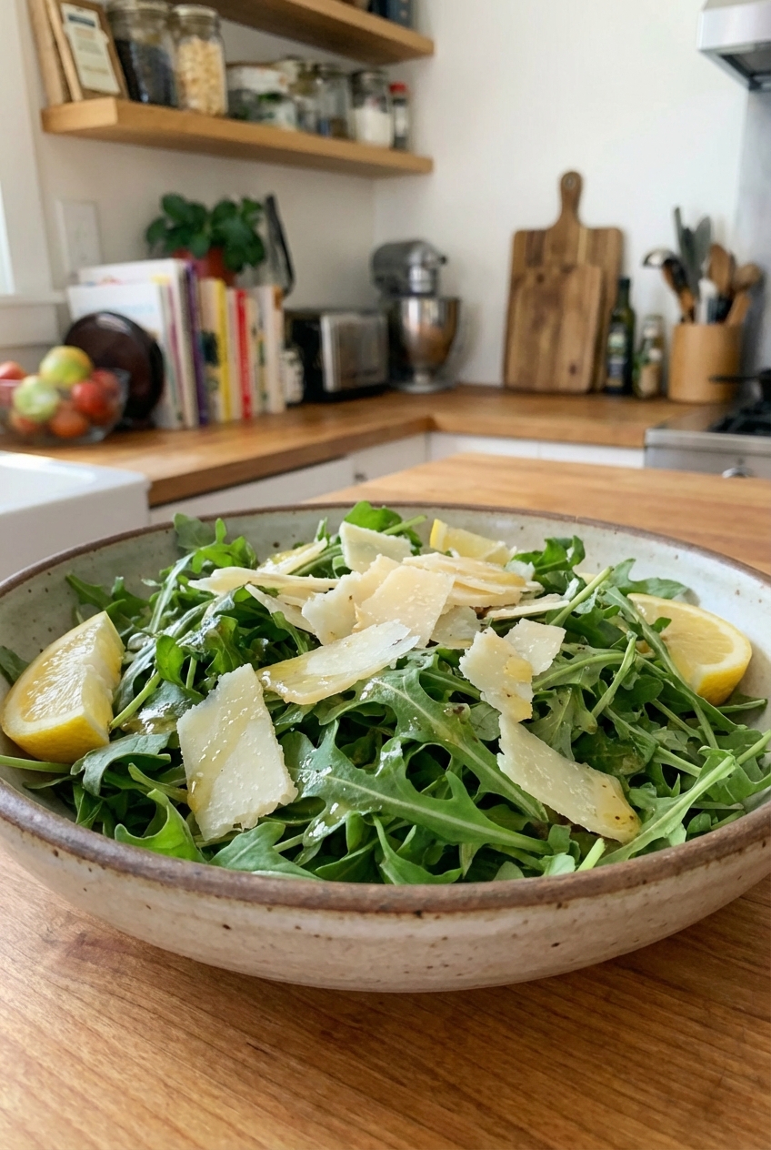 A simple arugula salad with shaved parmesan and lemon