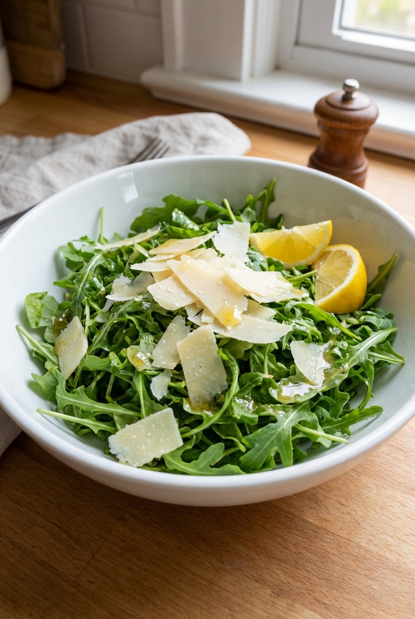 A simple arugula salad with shaved parmesan and lemon wedges in a white bowl