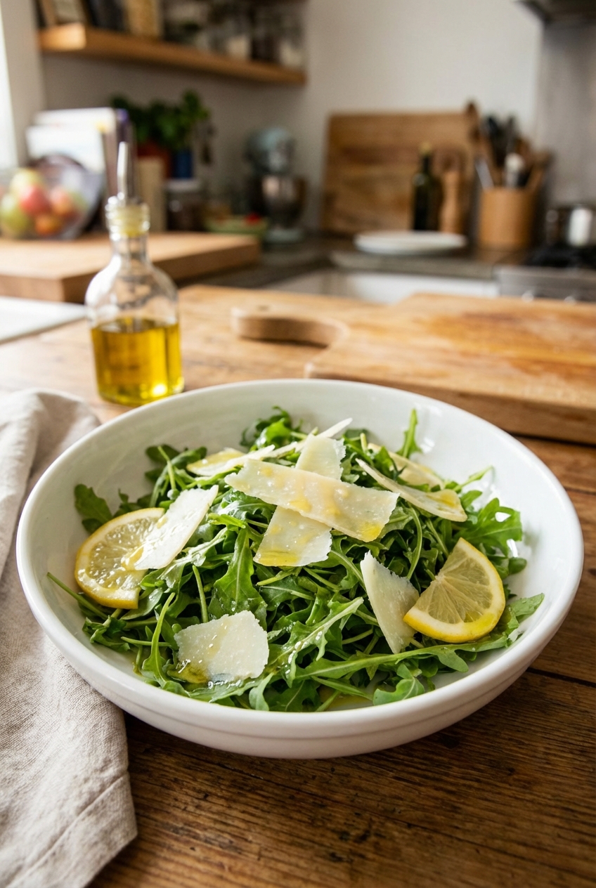 A simple arugula salad with shaved parmesan and lemon vinaigrette in a white bowl