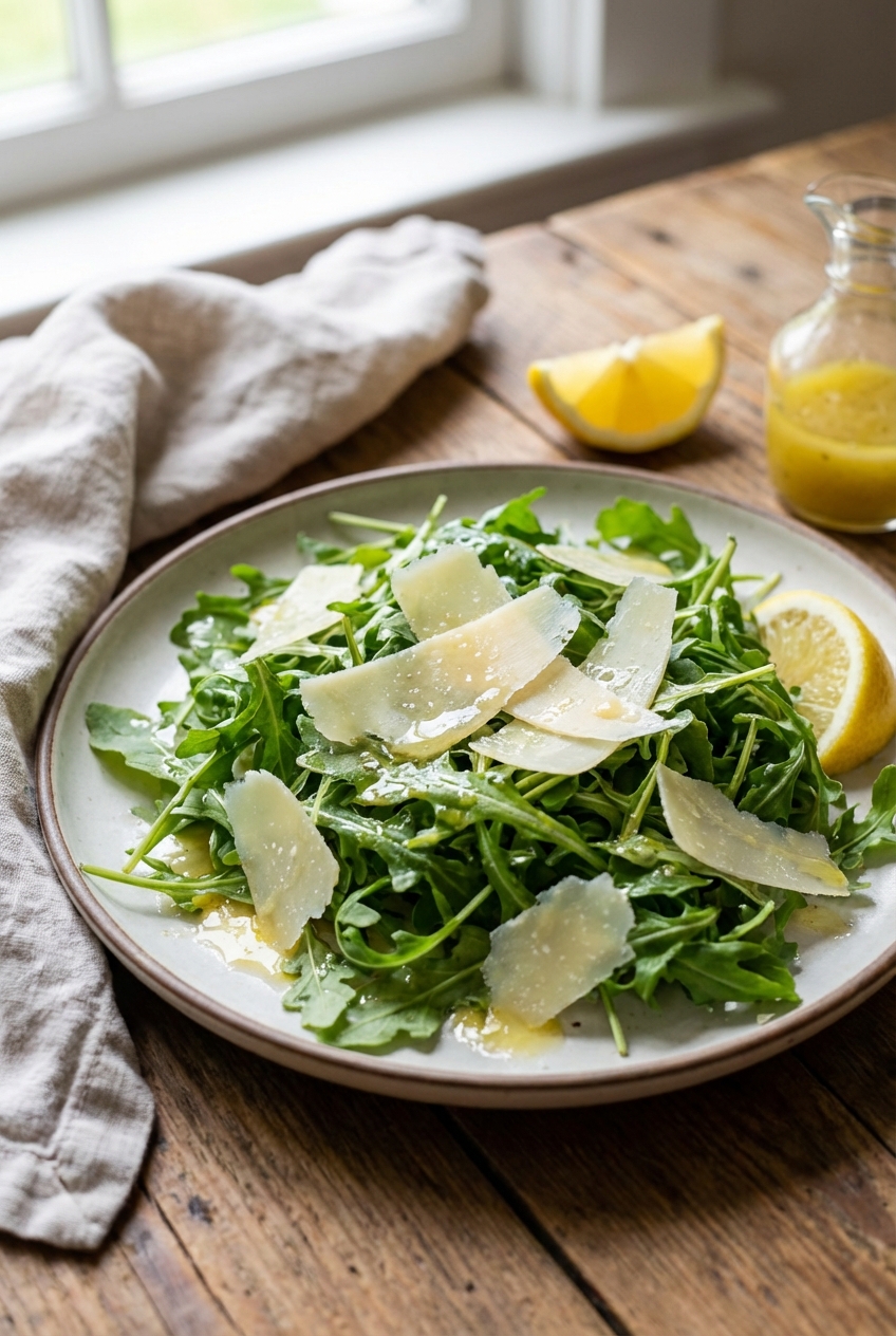 A simple arugula salad with shaved parmesan and lemon vinaigrette