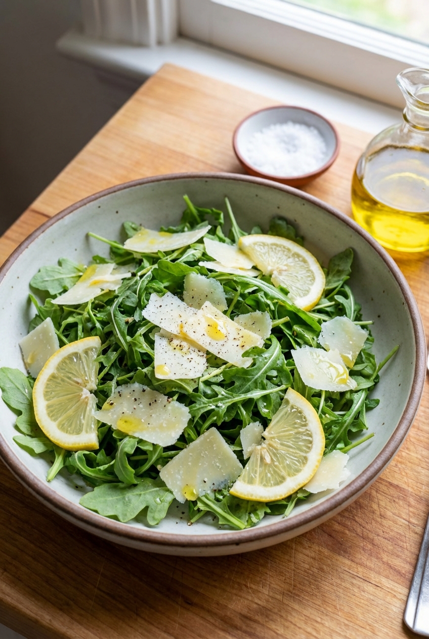 A simple arugula salad with shaved parmesan and lemon