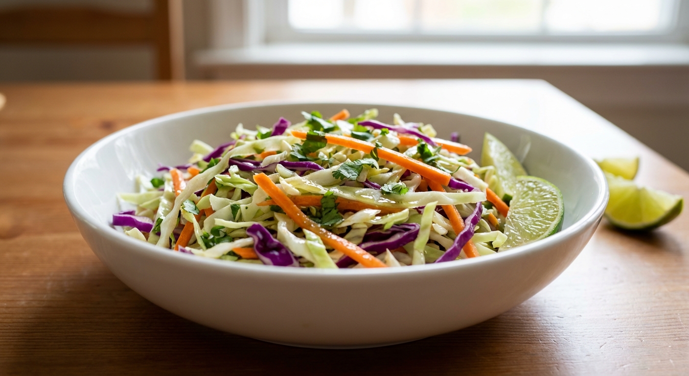 A simple cabbage slaw with carrots and a lime vinaigrette in a white bowl