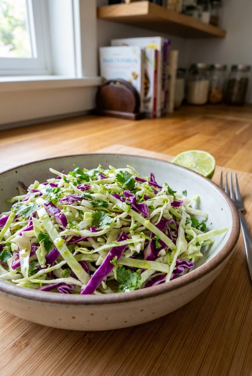 A simple cabbage slaw with lime dressing in a bowl