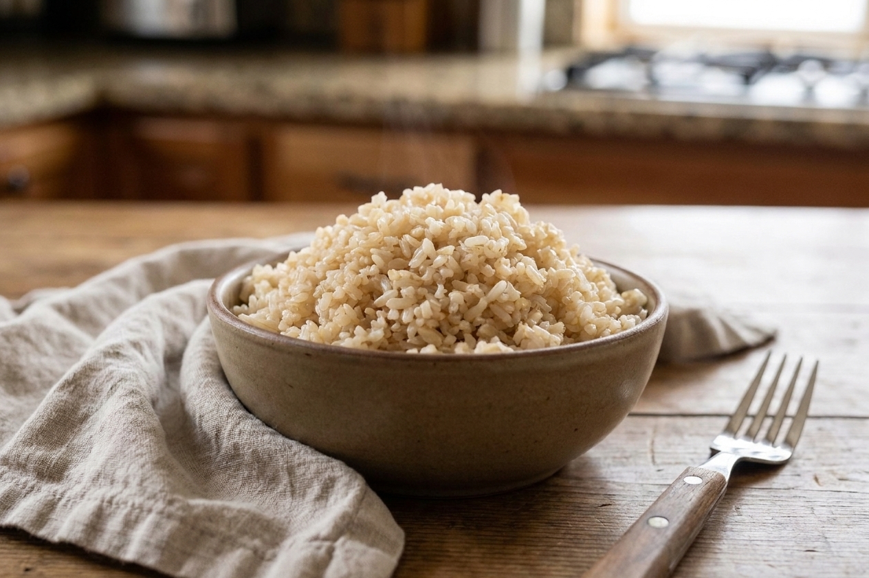 A simple ceramic bowl filled with fluffy brown rice on a wooden table with a cloth napkin and fork nearby