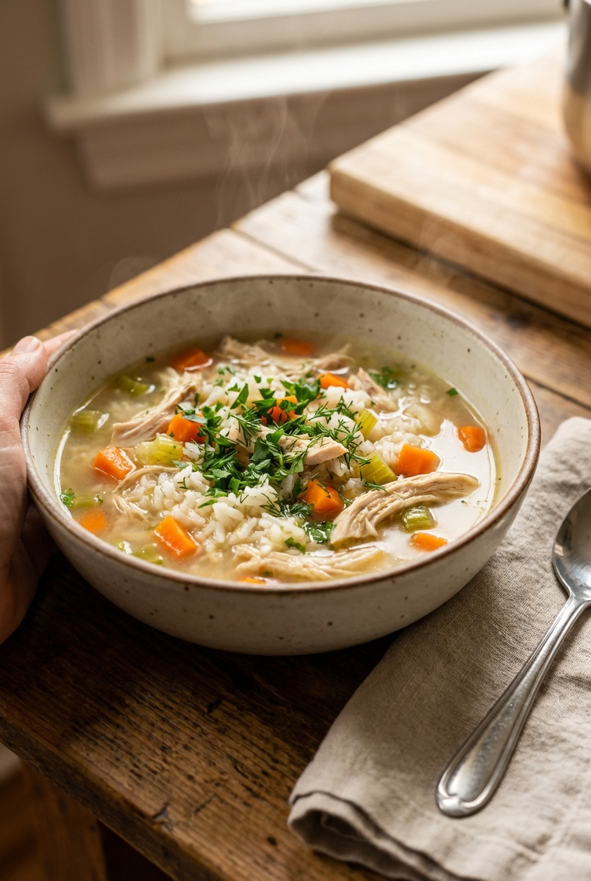 A simple chicken and rice soup in a bowl with herbs