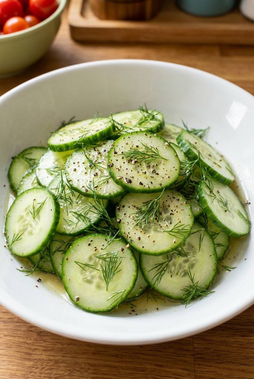A simple cucumber and dill salad in a white bowl with cracked black pepper