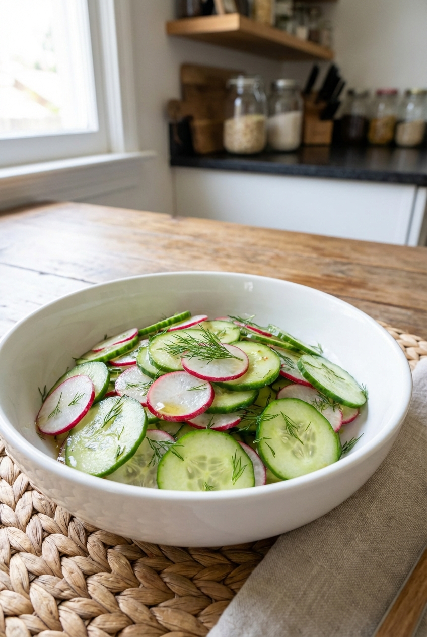 A simple cucumber and radish salad in a white bowl with dill