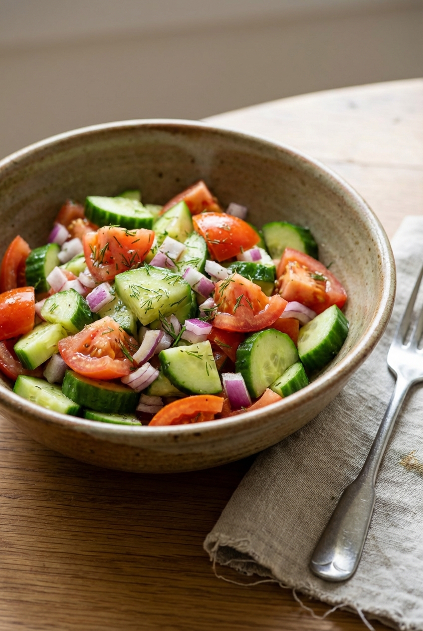 A simple cucumber and tomato salad in a ceramic bowl