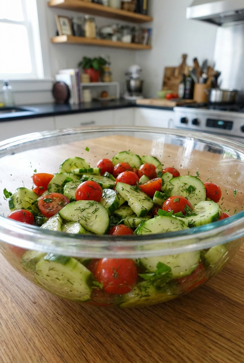 A simple cucumber and tomato salad in a glass bowl with herbs