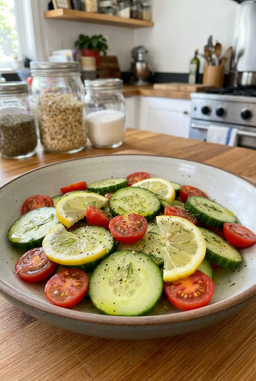 A simple cucumber and tomato salad with lemon slices