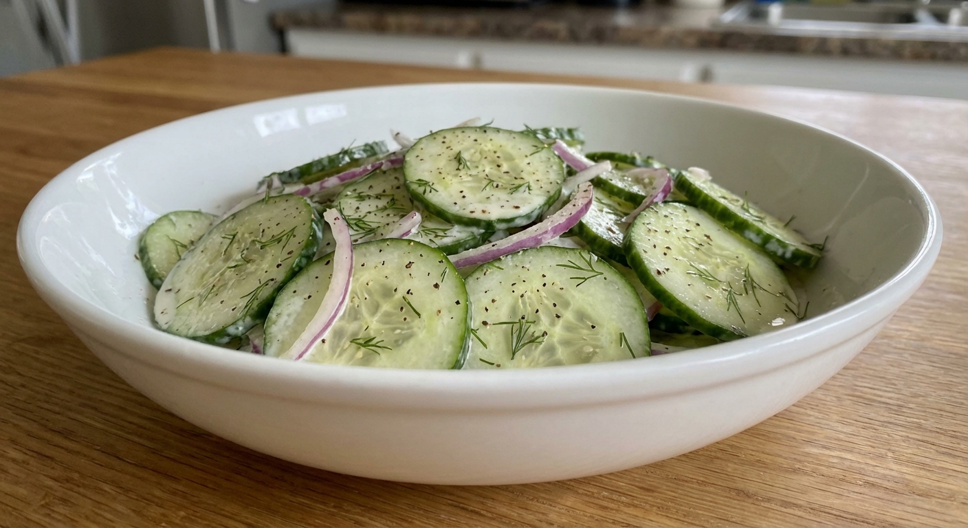 A simple cucumber dill salad in a white bowl
