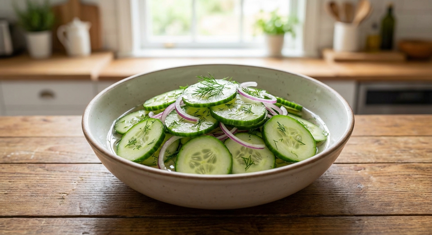 A simple cucumber salad in a bowl with dill and vinegar dressing