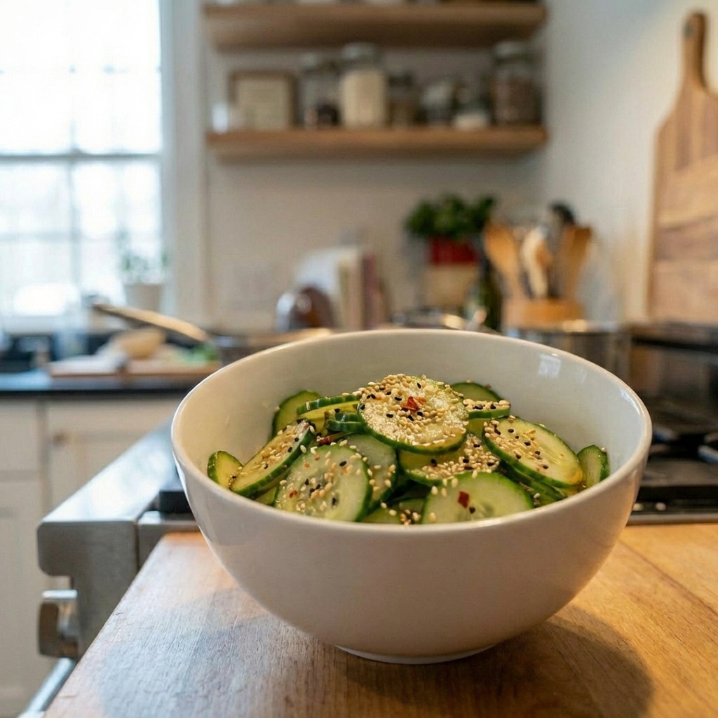 A simple cucumber salad with sesame seeds in a white bowl